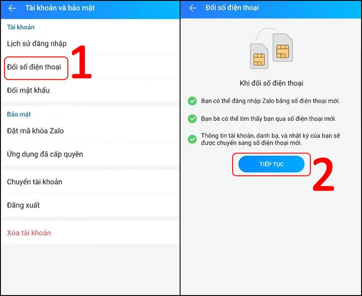 Chọn đổi số điện thoại và Tiếp tục