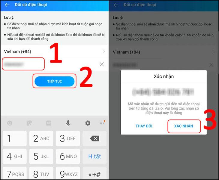 Nhập số điện thoại mới, Tiếp tục, Xác nhận.