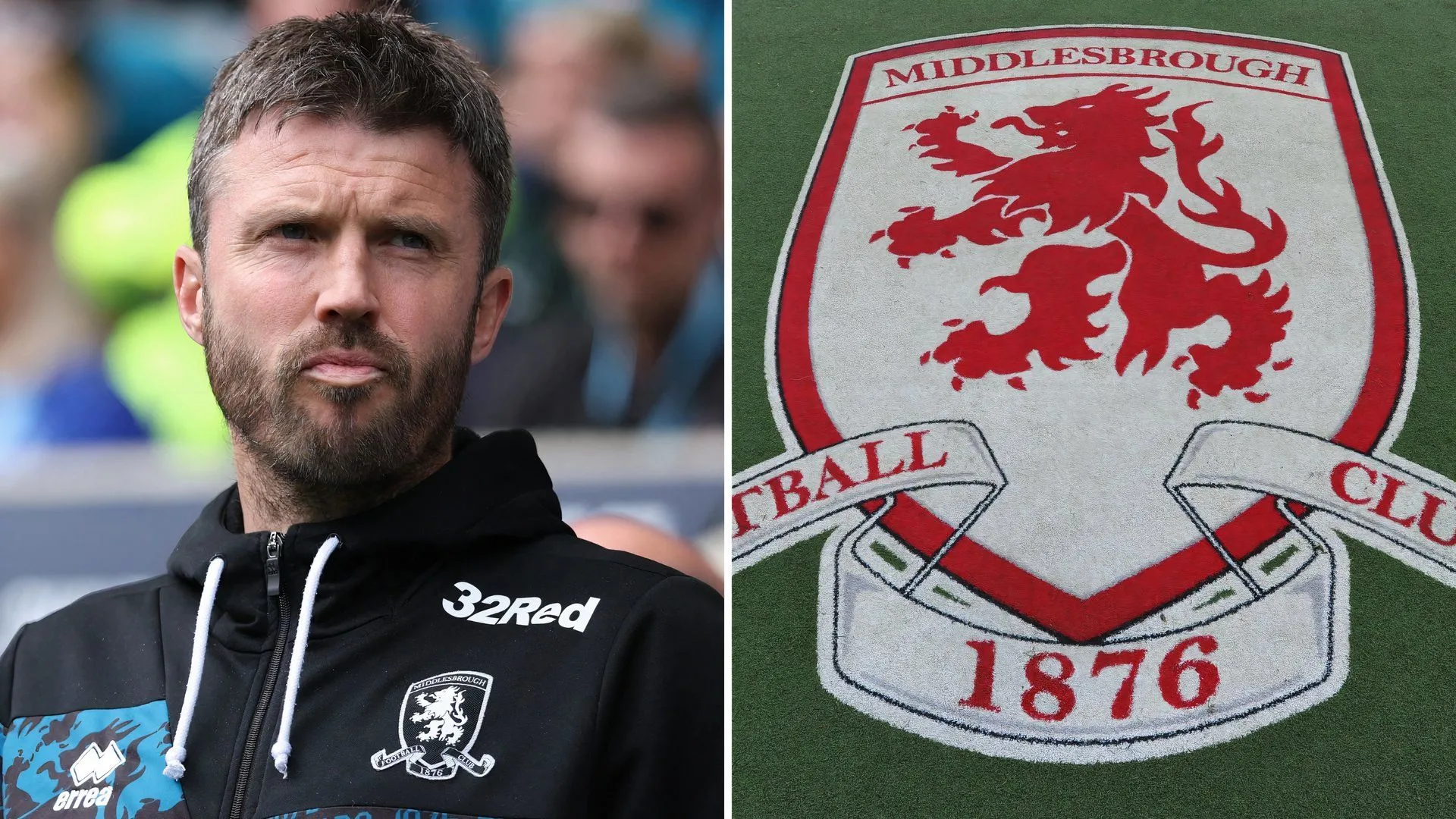 HLV Michael Carrick của Middlesbrough và logo CLB bên cạnh