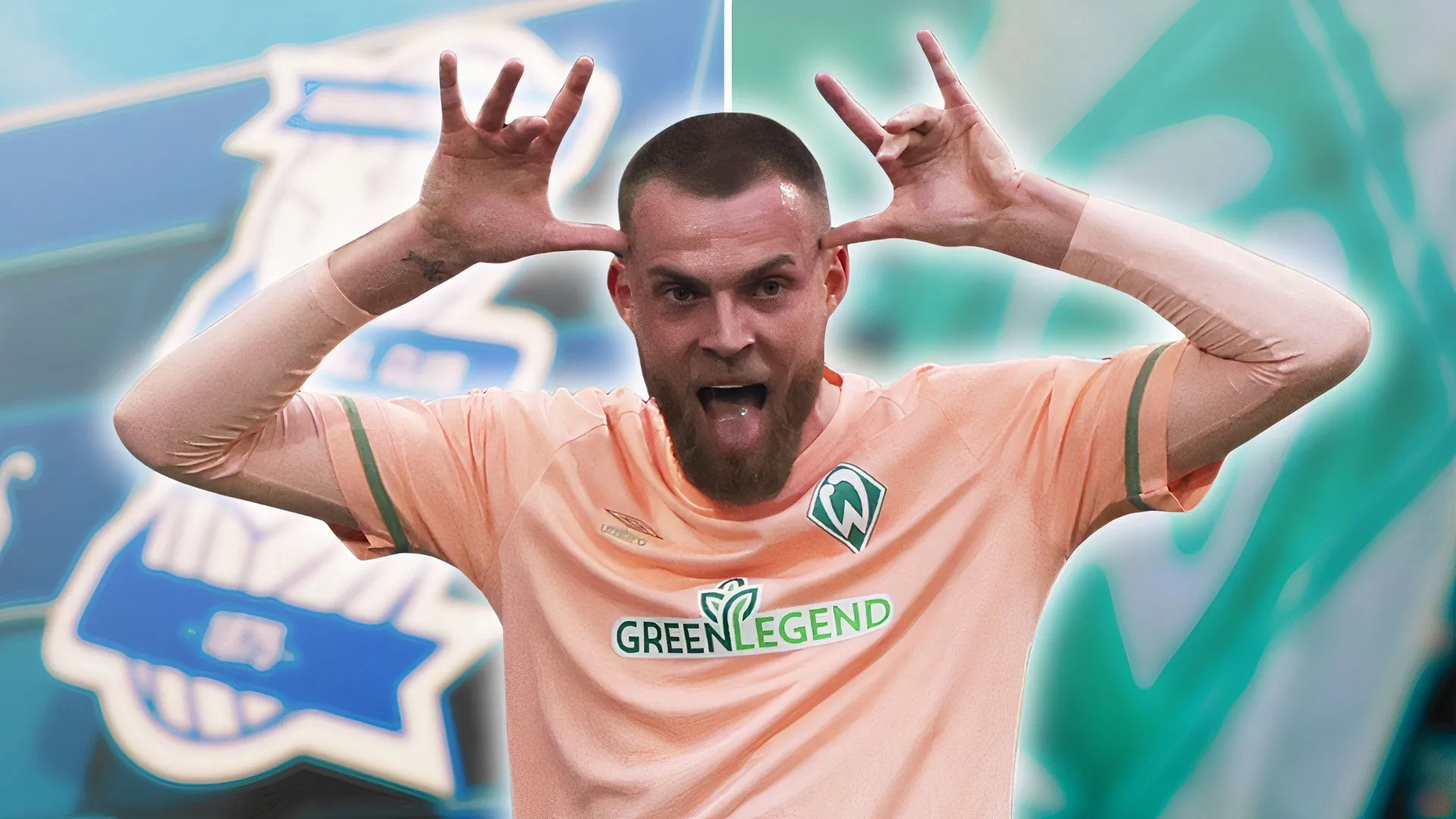 Tiền đạo Marvin Ducksch của Werder Bremen trên nền logo Birmingham City và Werder Bremen